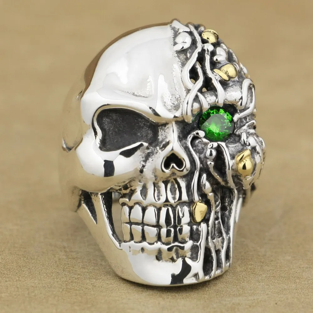 

925 Sterling Silver Green CZ Eye Skull Ring Mens Biker Rocker Punk Style 8V306 US Size 7~15
