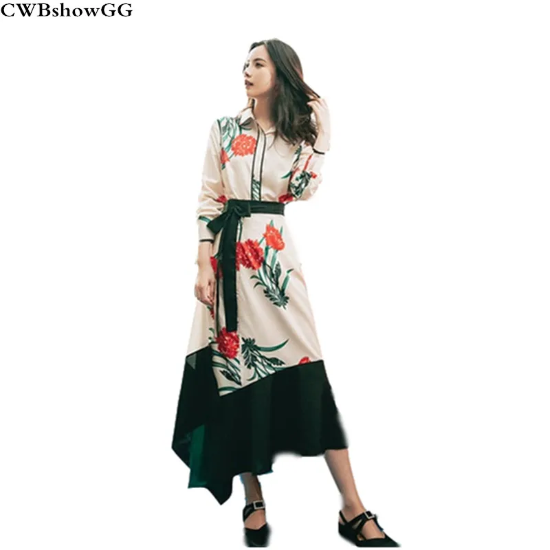 

CWBshowGG 2019 spring new ladies elegant dress two-piece suit vintage long sleeve print shirt high waist skirt two piece set