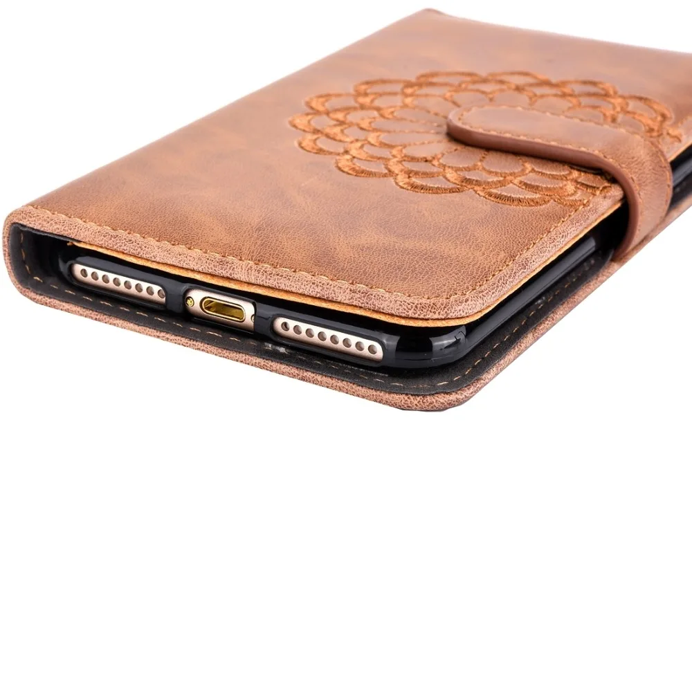 Кожаный чехол-книжка с вышивкой и цветочным узором для iPhone 6 6s Plus 7 отделениями