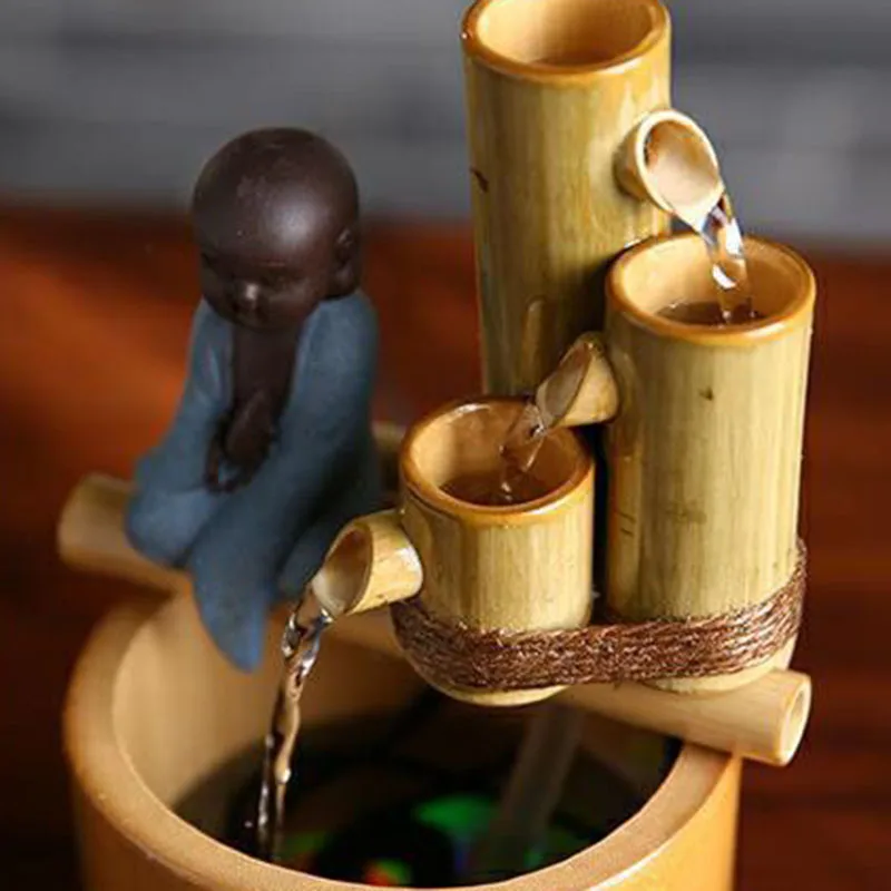 

110-220V Little Monk Bamboo Desktop Mini Fountain Water Features Feng Shui Ornament Office Lucky Bonsai Home Decor Birthday Gift