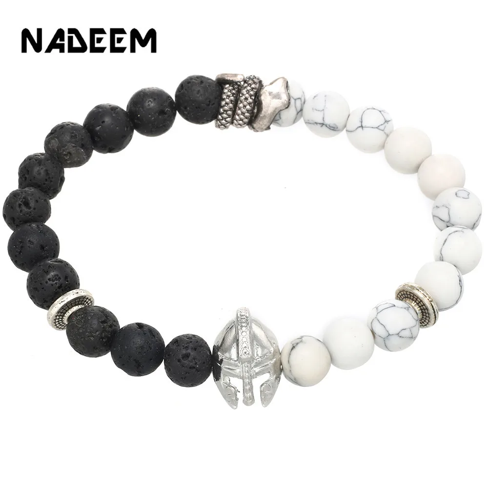 Браслет NADEEM из черной лавы и белого камня Howlite античный серебристый римский воин