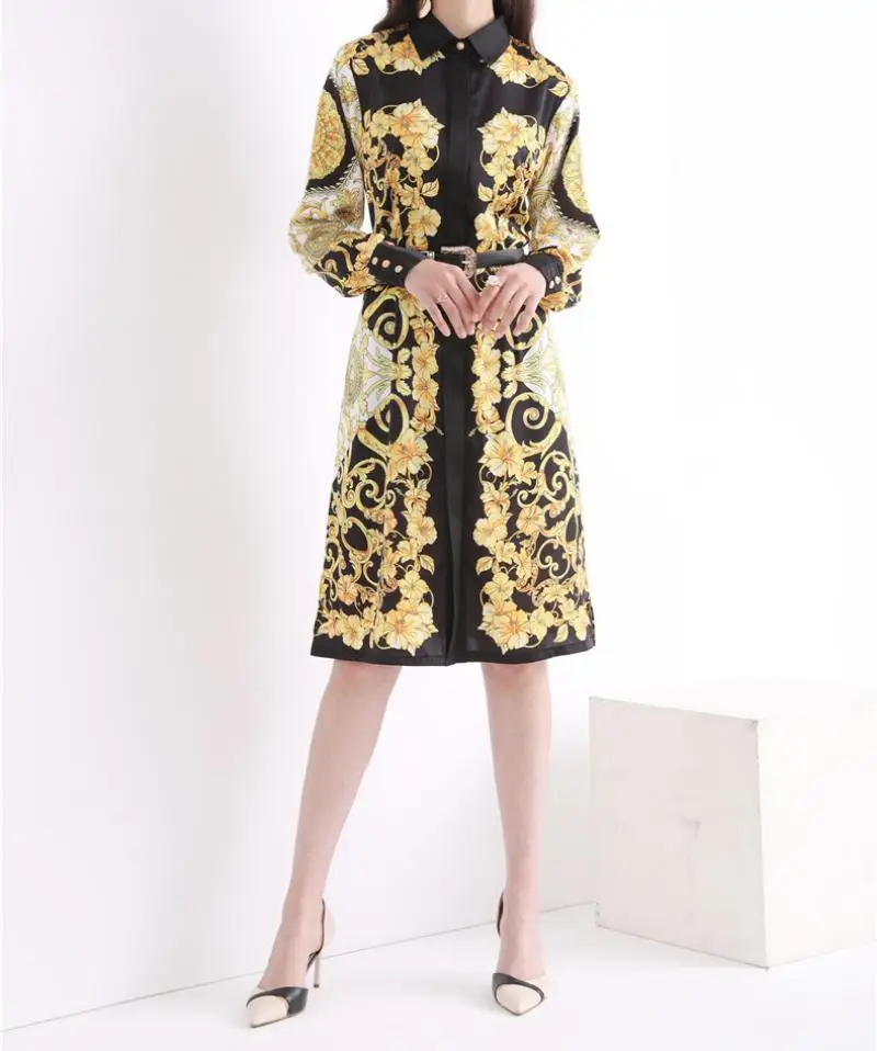 Роскошное женское платье рубашка золотистого цвета с цветочным принтом