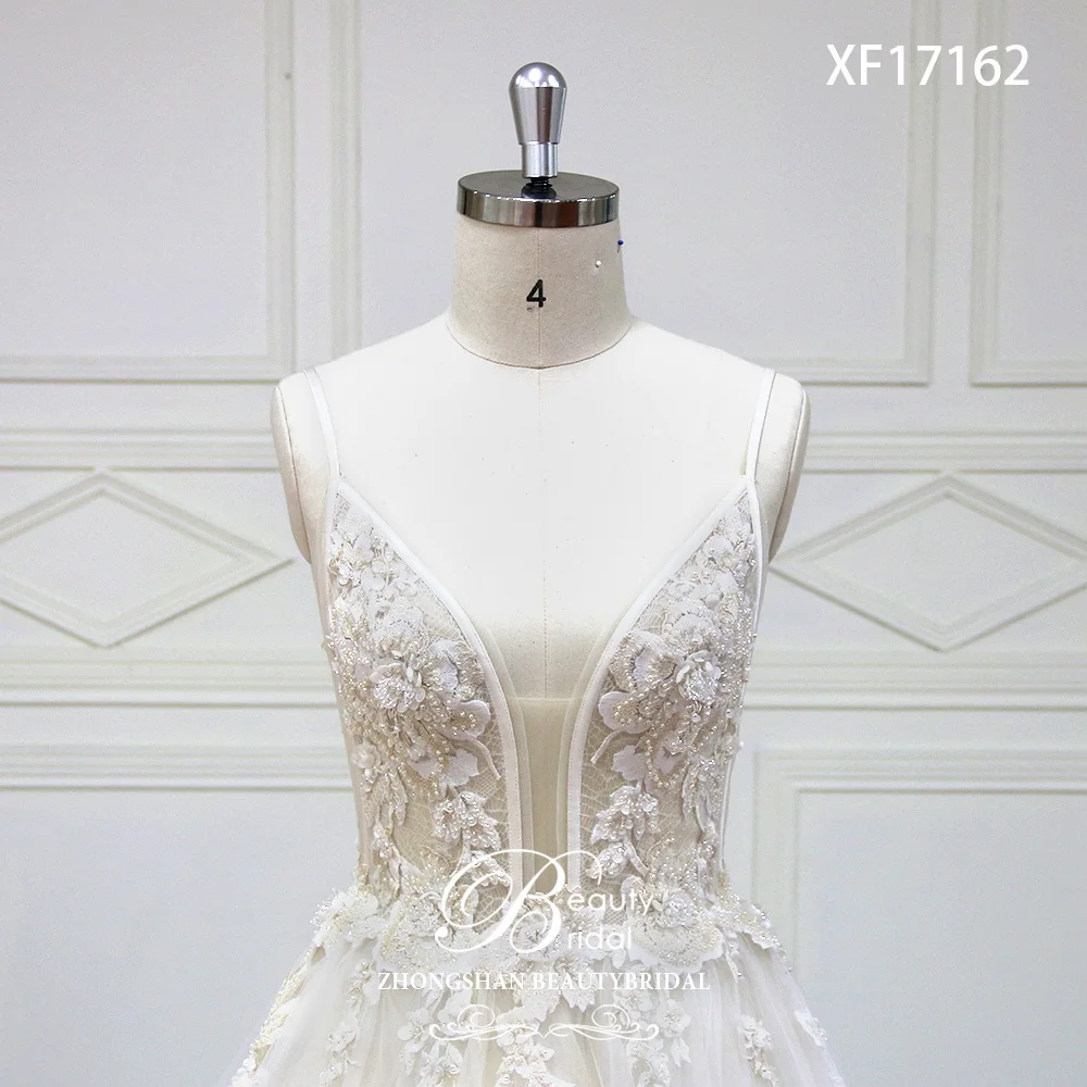 Wedding Dresses  V-Neck Court Train Lace Applique Crystal Beading Bride Dress Gowns Vestidos De Novia XF17162