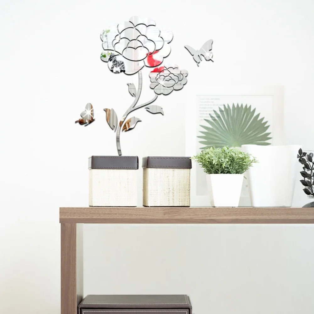 Зеркальные наклейки на стену украшение с изображением цветов и бабочек для