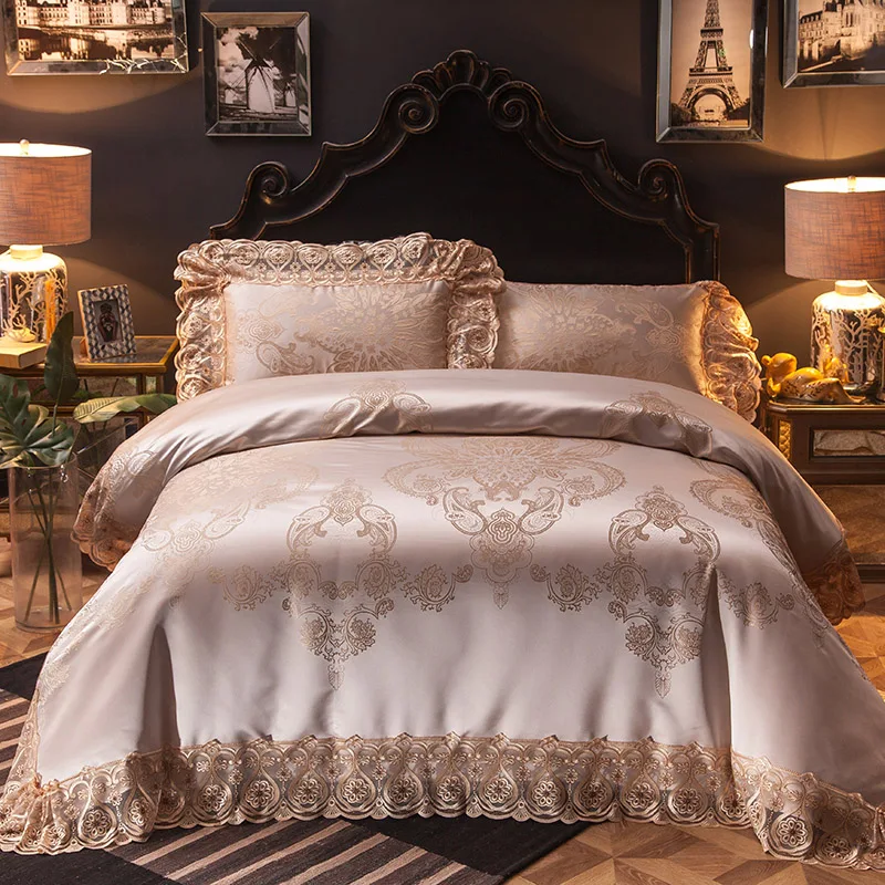 

Blue Red Color Jacquard Oriental Luxury Queen/King Wedding Bedding sets Lace Cotton Stain Bed set Bed sheet Duvet cover set 36