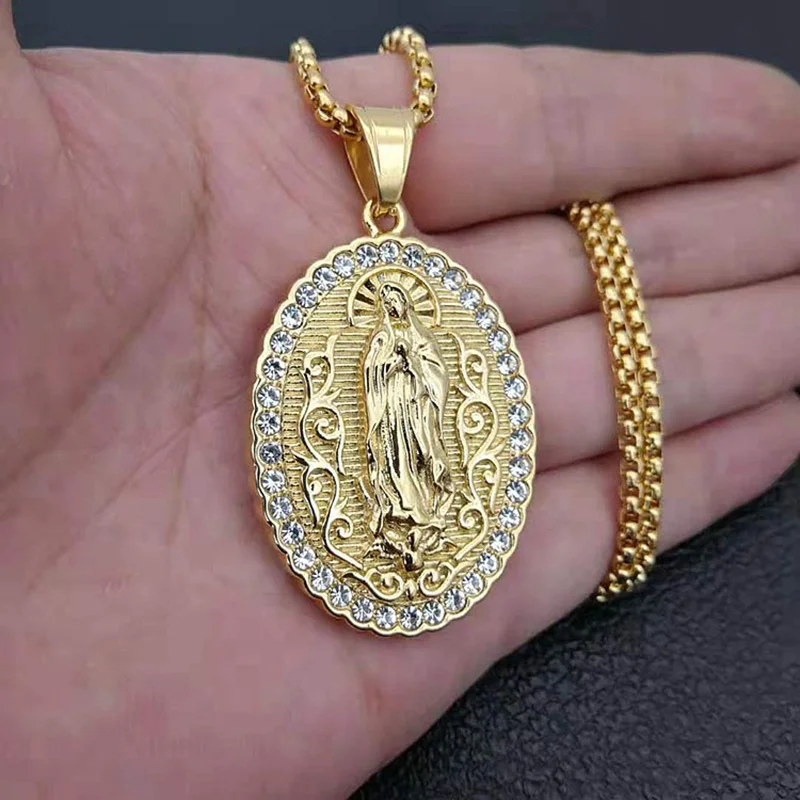 В стиле хип хоп паве со стразами Bling из нержавеющей стали Девы Марии Овальный