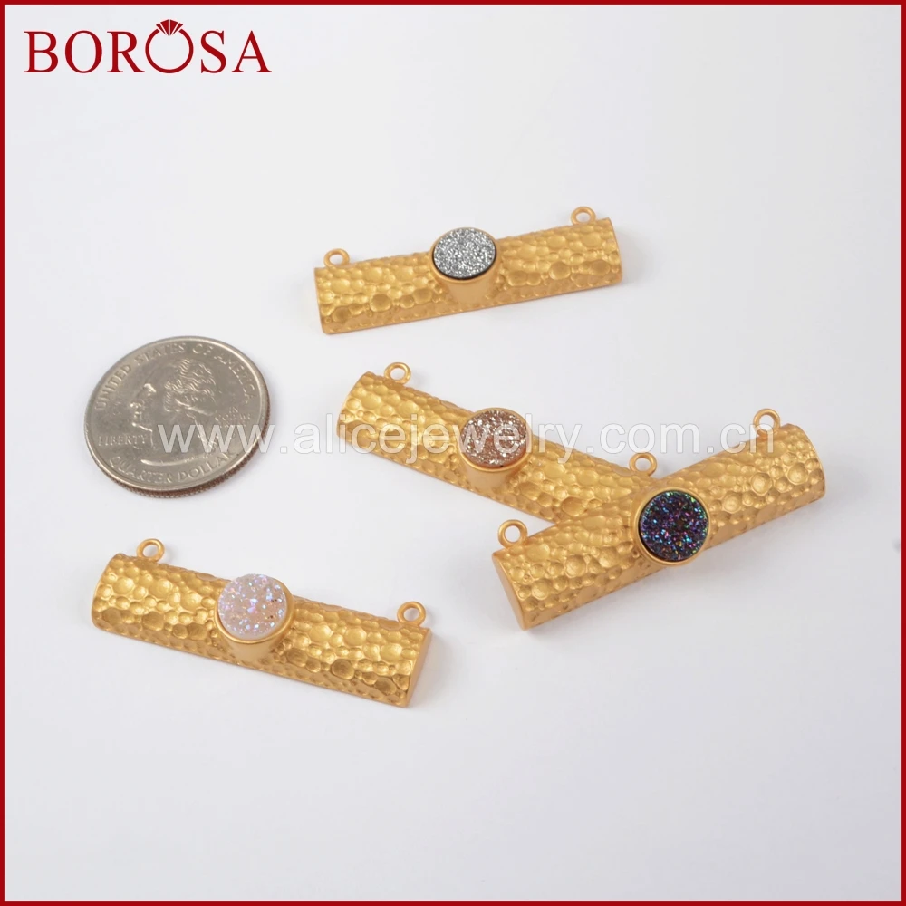 BOROSA 10PCS Rectangle Plating Color Druzy Connectors with Round Natural Agates Titanium Rainbow Pendant for DIY Necklace ZG0203 | Украшения