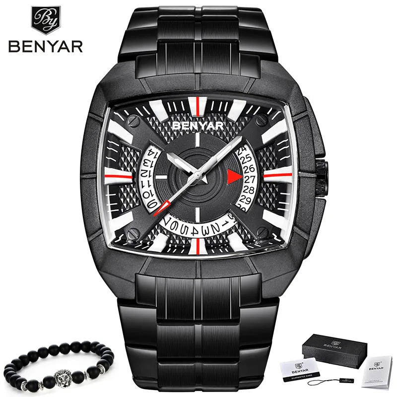 Black Red BENYAR брендовые оригинальные уникальный дизайн мужские наручные часы с широким большим циферблатом повседневные кварцевые часы золотые мужские спортивные часы большие часы - Цвет: Black Red