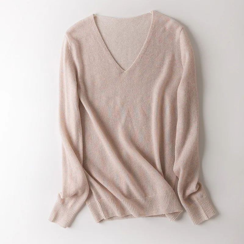 Осень и зима женский высококлассный бутик с v-образным вырезом Серебряный шелковый смешанный цвет кашемировый свитер