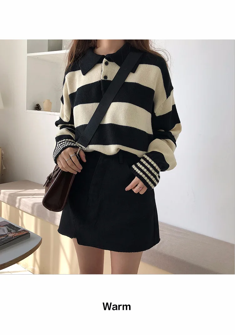 Зимний корейский свитер ulzzang модный Свободный Повседневный полосатый вязаный свитер шикарный Harajuku большой размер женский свитер ins