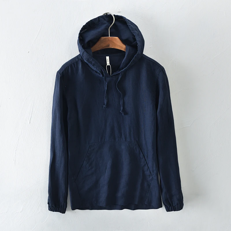 

Suehaiwe's brand Autumn new men's solid linen hooded khaki breathable sweatshirts male elastic cuff hoodies men flax moletons