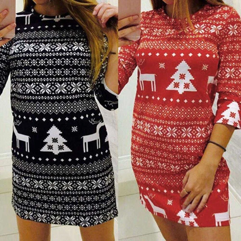 

Slim Fit Deer Print Dress Christmas Print Bag Hip Casual Women Dress Straight New Style Sexy Mini Dress Female