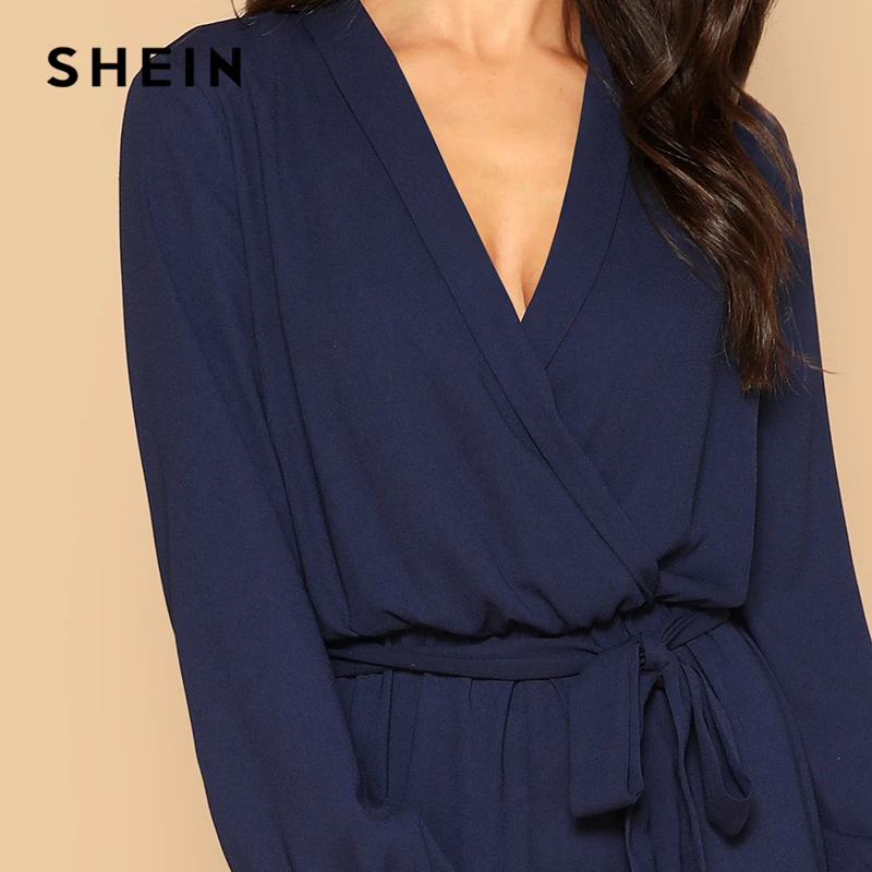 SHEIN Однотонный Комбинезон С Глубоким Вырезом И Поясом Элегантный Комбинезон С Длинным Рукавом