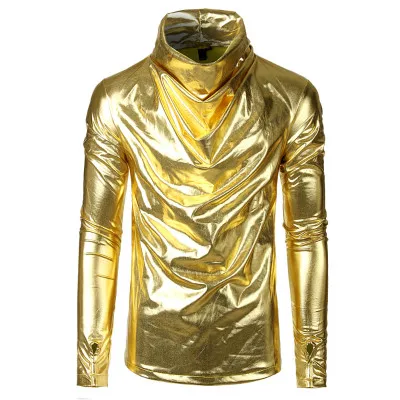 Gold Мужская футболка Новая летняя модная футболка мужская футболка M-3XL ночной клуб Стиль Глянцевая футболка с длинным рукавом плюс размер высокое качество - Цвет: Gold