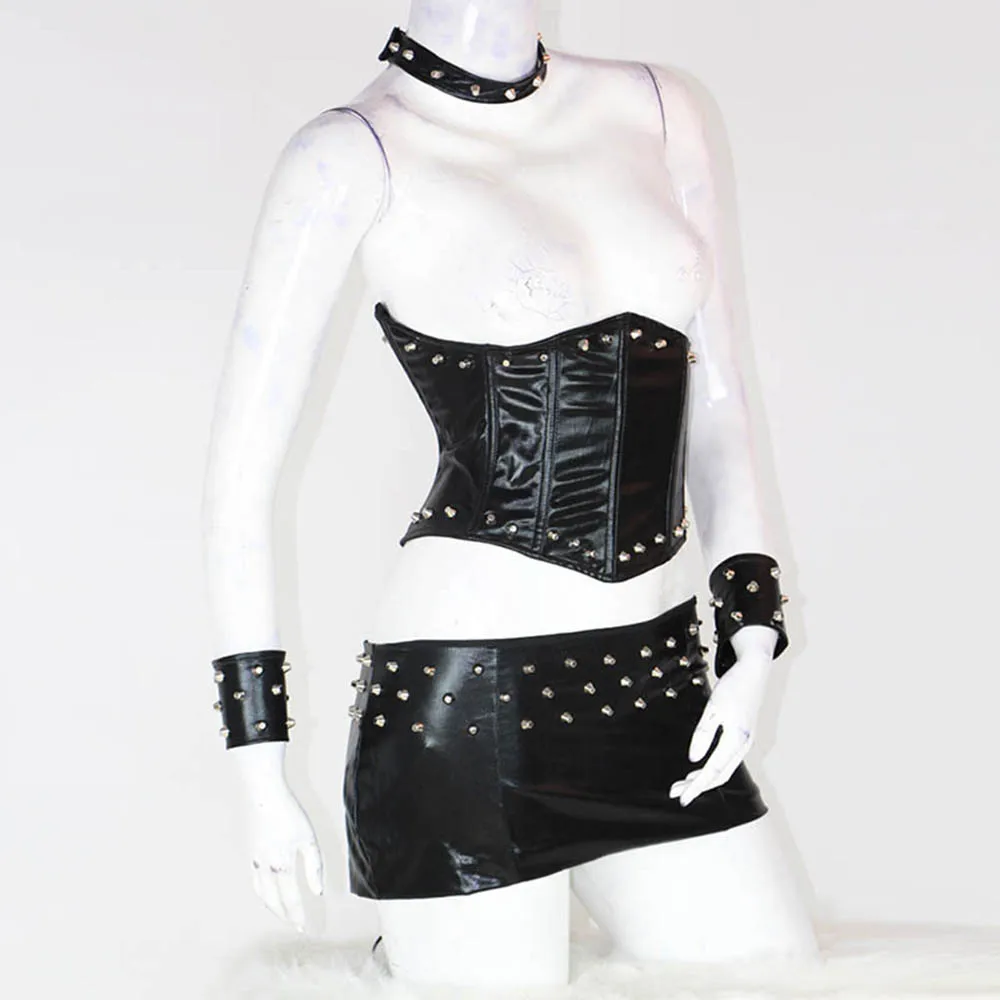 Готический корсет с заклепками платье в стиле панк сексуальный без бретелек