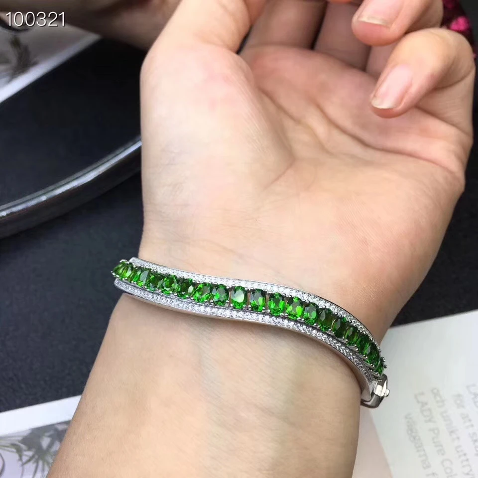 Natural green diopside gem bangle S925 silver natural gemstone Fashion elegance surround Row wave woman birthday gift | Украшения и