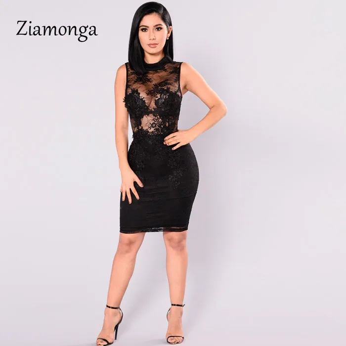 Black Ziamonga, весенне-летнее кружевное платье, женское, сексуальное, без рукавов, тонкое, черное, красное, вечерние платья, Robe Femme Ete, прозрачное, Бандажное платье - Цвет: Black