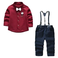 new autumn baby boy clothes baby wine red with tie and suspender jeans 2 piece suit gentleman children clothing set