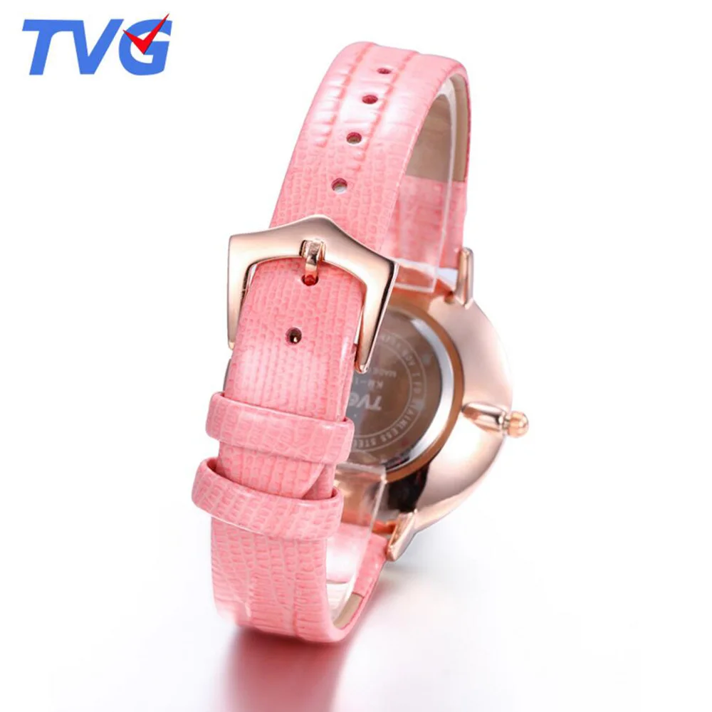 TVG Роскошные Брендовые женские часы розовый кожаный ремешок Стразы кварцевые для