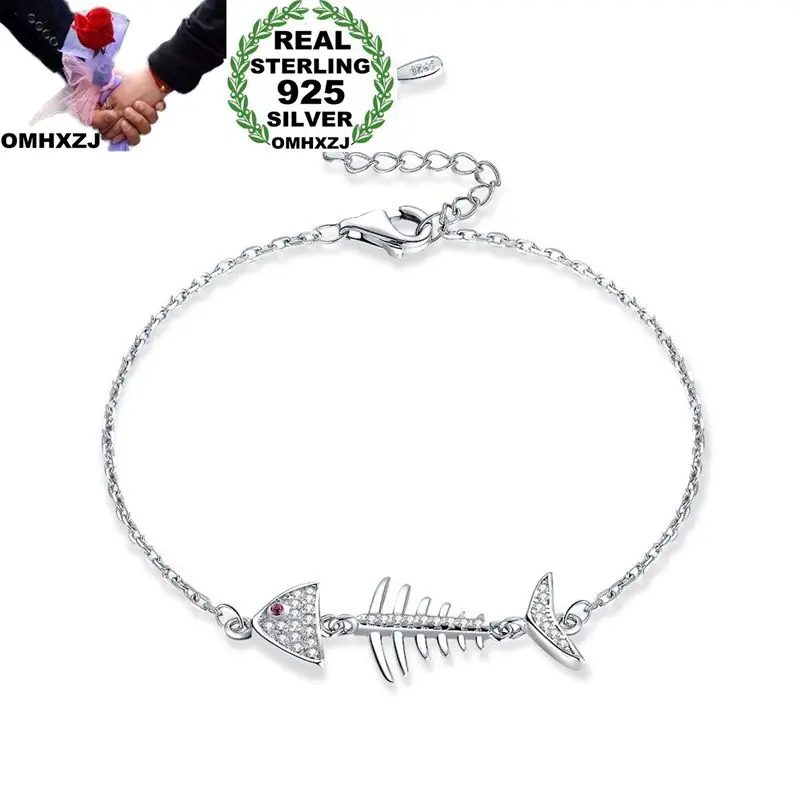 OMHXZJ Wholesale Personality Fashion OL Woman Girl Party Gift White Fish Bone Zircon Thin 925 Sterling Silver Bracelet BR104 | Украшения и