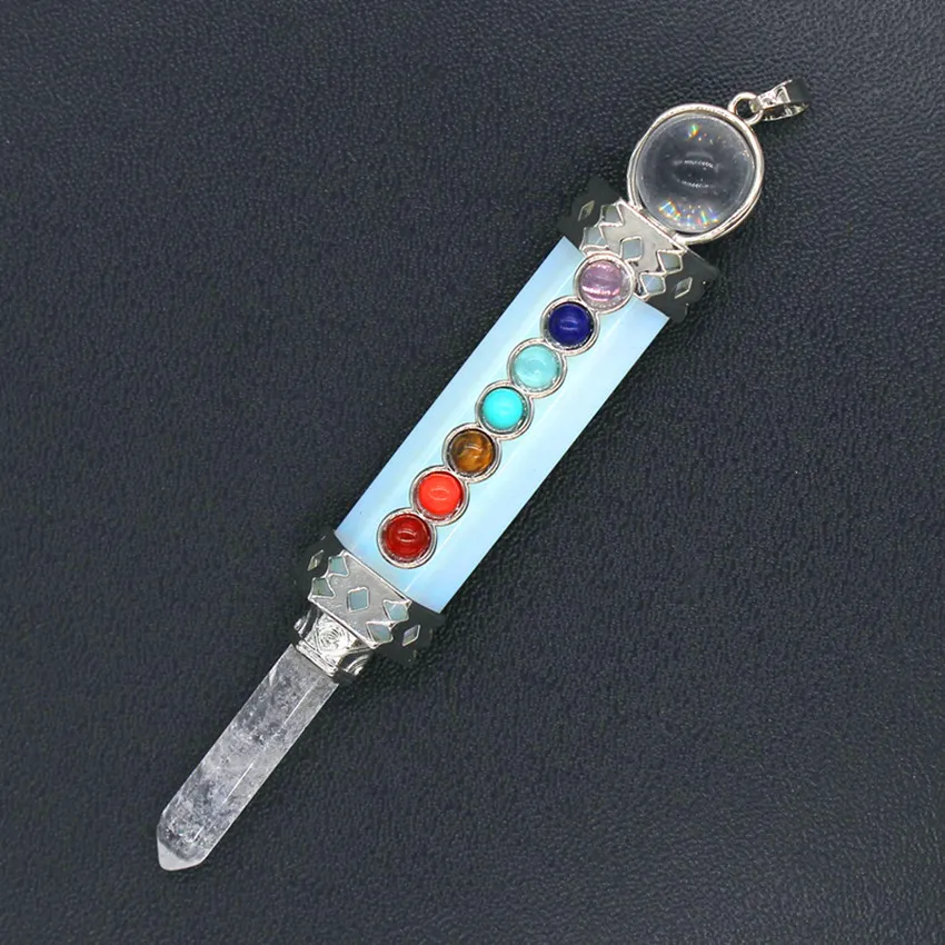 

Trendy-beads Vintage Silver Plated Layer Hexagon Column Rock Crystal with Opalite Opal Round Beads Pendant