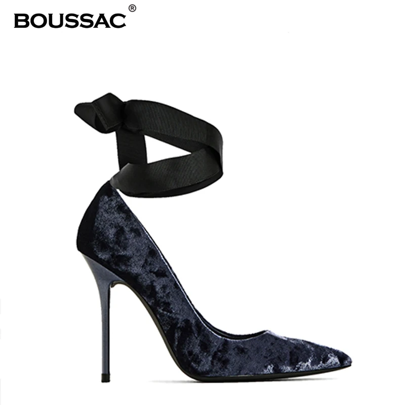 Женские бархатные туфли лодочки на шнуровке с острым носком модные офисные