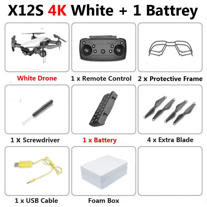 4K White 1B Foam X12S мини складной Дрон с камерой 4K 1080P широкоугольный WiFi FPV удерживающий высоту RC Квадрокоптер Вертолет игрушка SG106 E58 - Цвет: 4K White 1B Foam