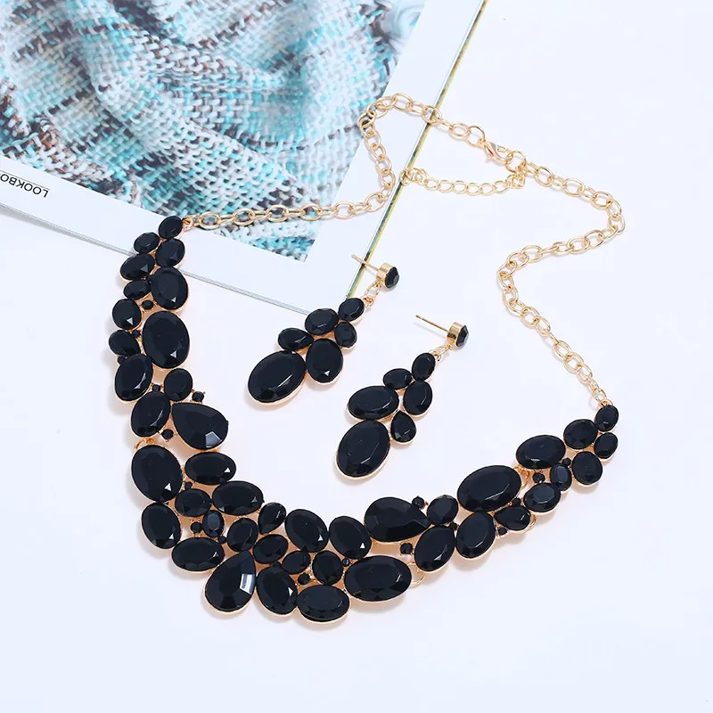 Ahmed Fashion Red Black Blue Crystal Water Drop Geometric Necklaces & Pendants Statement Necklace Earrings Wedding Jewelry set images - 6