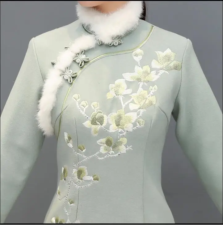 Зимнее Ципао Qipao модное женское пальто китайское платье с вышивкой|Чонсамы| |