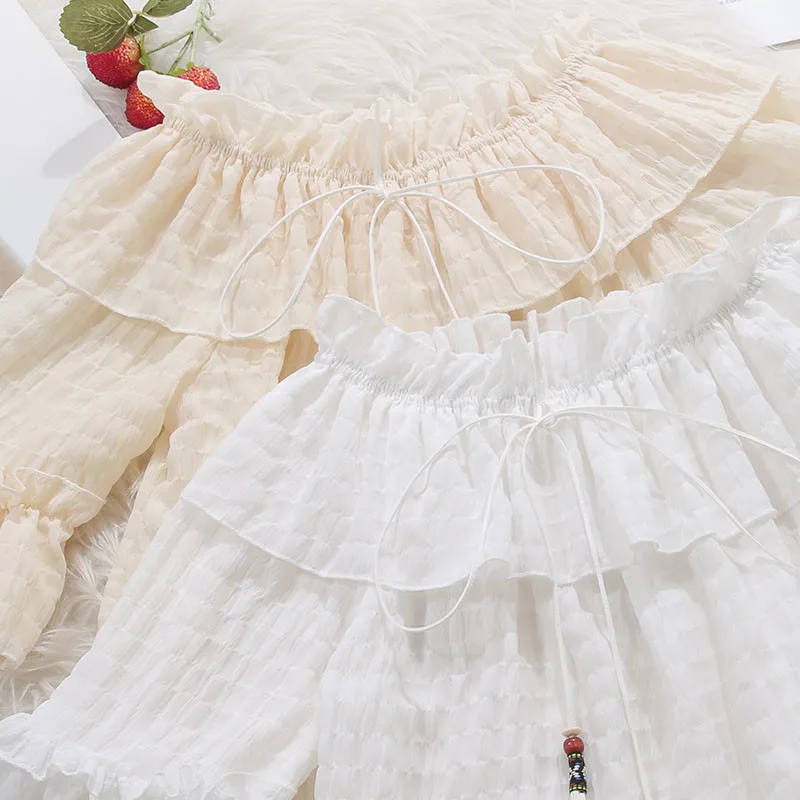 

Summer Women Chiffon Shirt Korean Sweet Ruffle Shirt Trumpet Sleeves Loose Chiffon Blouses Off Shoulder Ladies Casual Tops R335