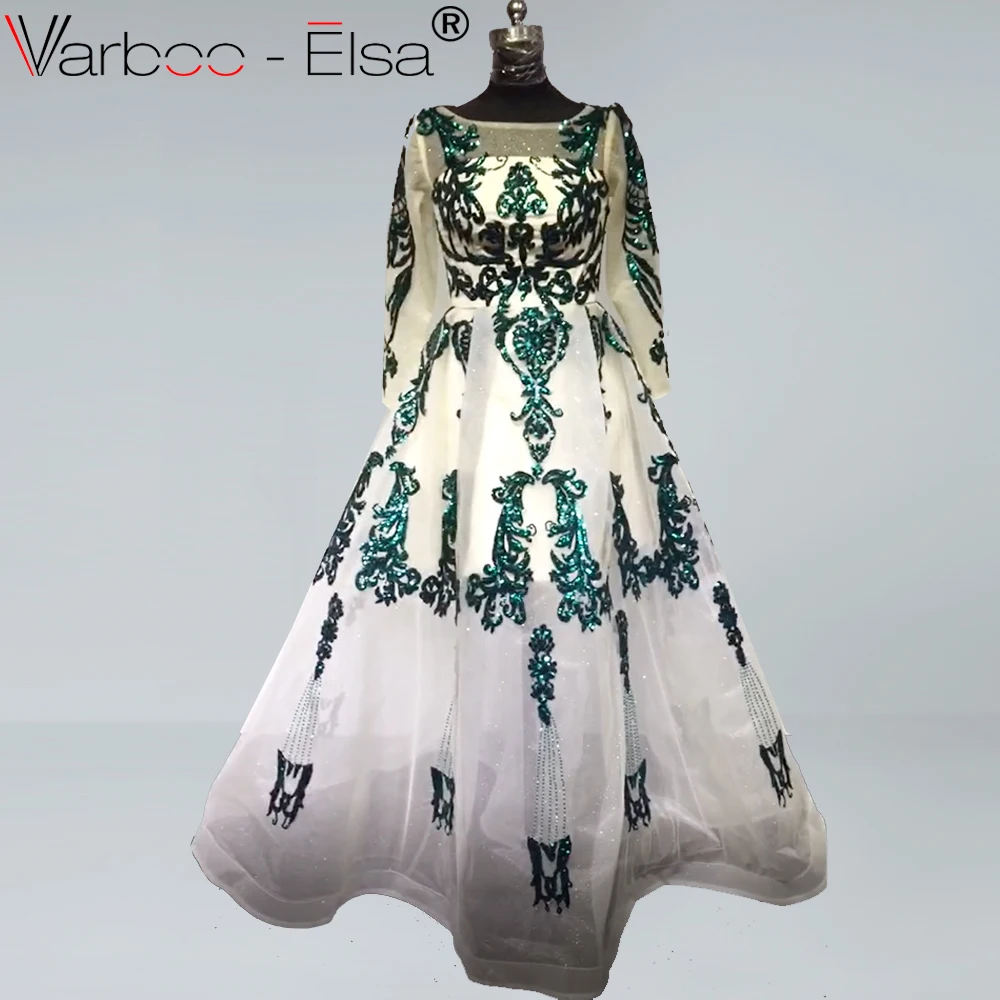 VARBOO_ELSA/зеленое блестящее арабское вечернее платье с длинными рукавами и блестками, Дубай, формальные пикантные вечерние платья для выпускного, торжественное вечернее платье