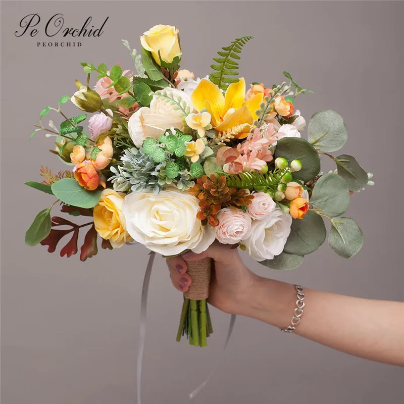 

Свадебные цветы для невесты PEORCHID 2019 в стиле кантри, искусственный Оранжевый Розовый Зеленый эвкалипт, букет для невесты, декоративный