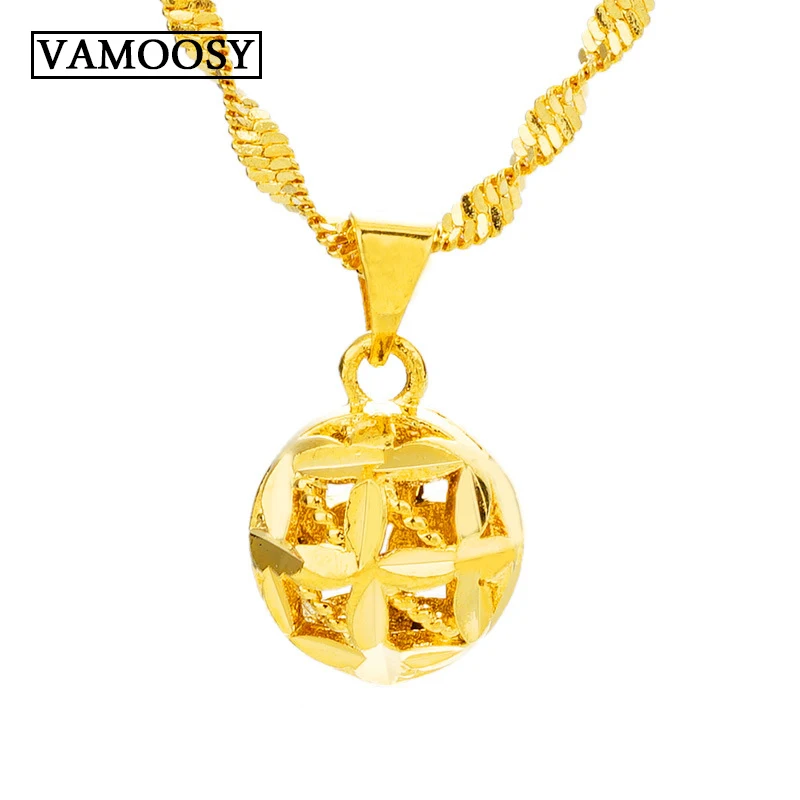 

Yellow 100% 24K Gold Pendants Round Ball 2018 Fine Women Neckcklace Accessories Charms Bohemian Chocker Necklaces Female Jewelry