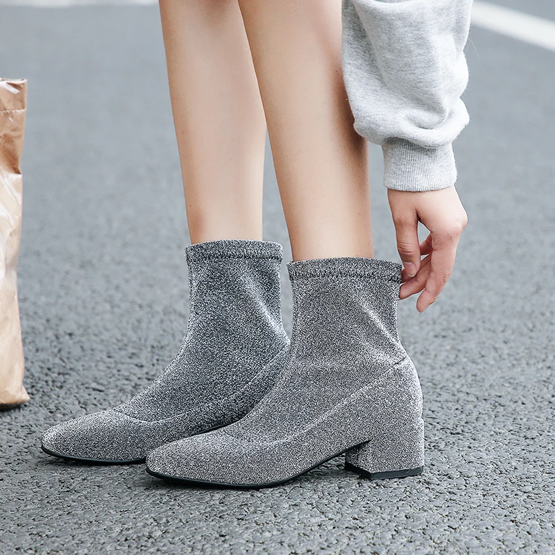 Флэш серебристыми блестками полусапожки Bling Для женщин квадратный носок Женские
