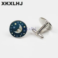xkxlhj 2018 new blue green silk gold moon stars round cufflinks art photo cufflinks jewelry accessories