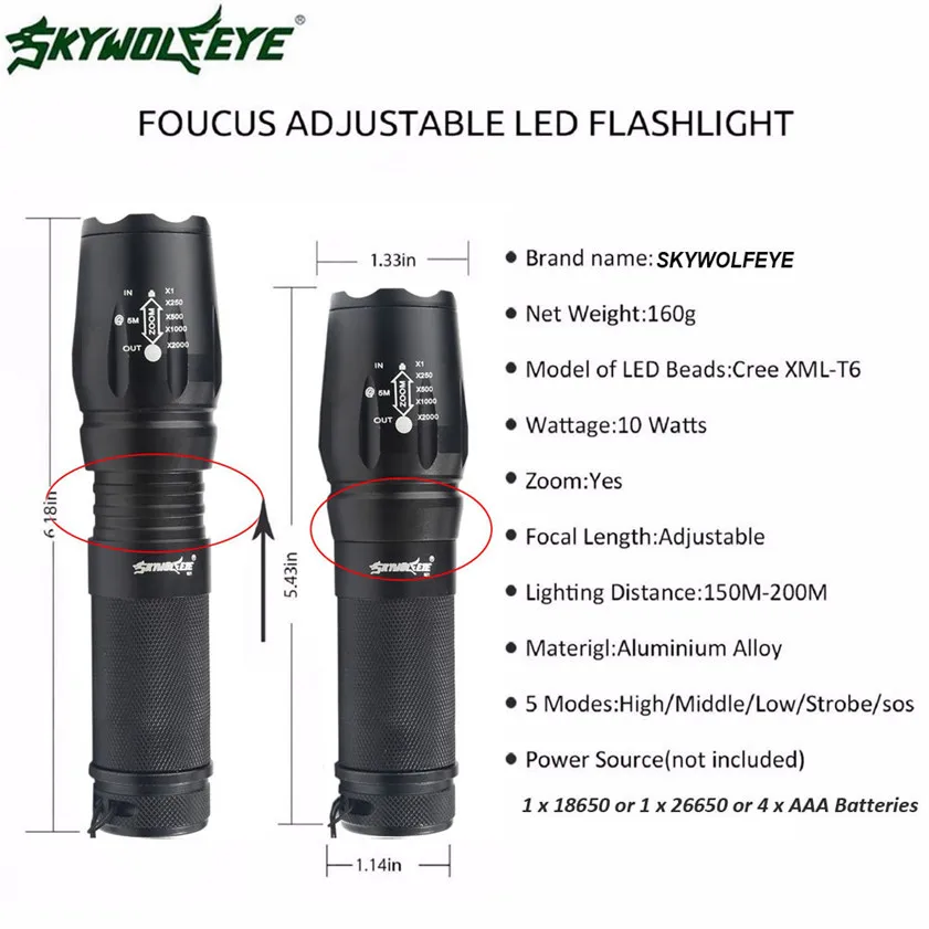 Высокое качество 5000 люмен 5 режимов T6 масштабируемый светодиодный фонарик 18650