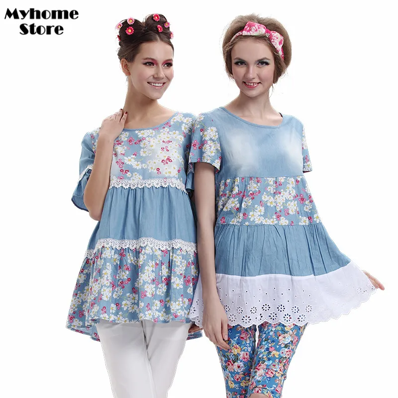 Мода Для Беременных Свободные Джинсовые Цветочные Футболку Плюс Размер