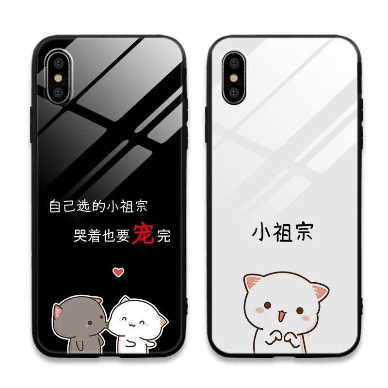 Китайский Персонаж пара мобильный телефон оболочки стекло зеркало для Apple iphone xs max мультфильм текст мужчин женщин iphone 11 7 8 плюс да