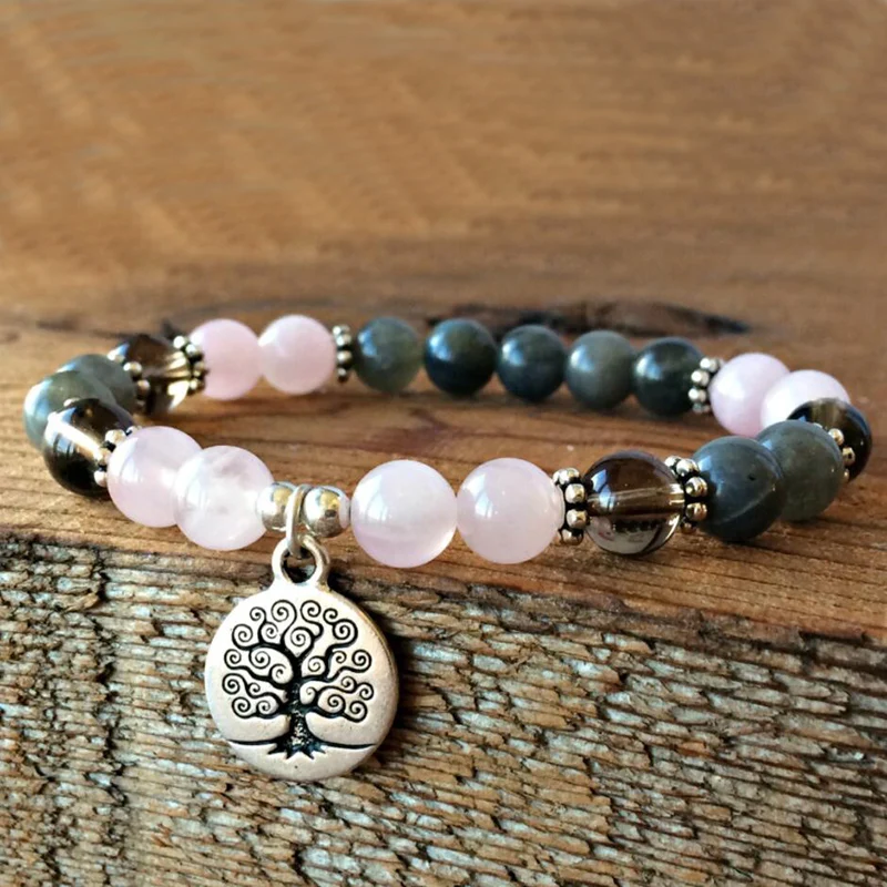 

8mm Natural Stone Beads Beaded Bracelet Rose Q-uartz Labradorite Wrist Tree Of Life Barcelet Women Femme