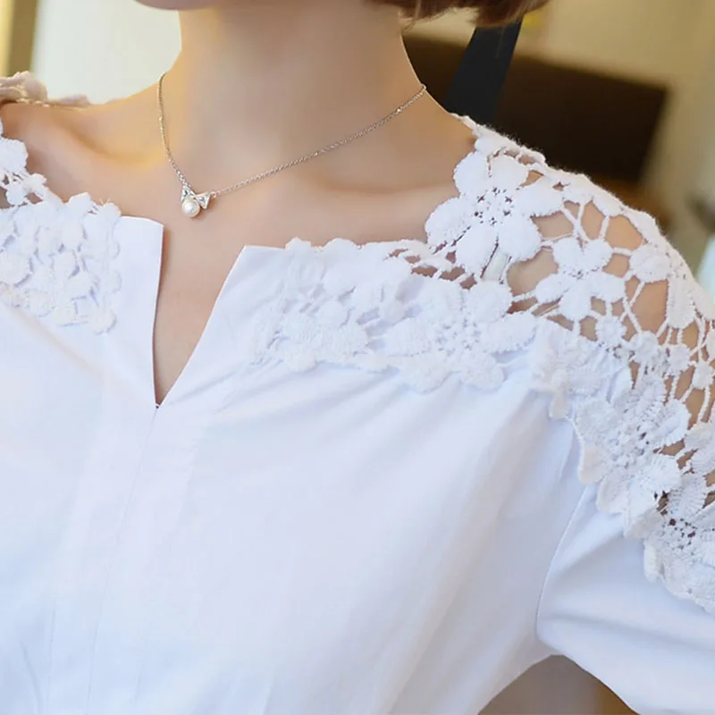 

Women's Solid Lace Crochet Hollow Out Blouses Summer V-neck Bow Tie Half Sleeves Flower Lady's Tops Elegant Casual Shirts Female