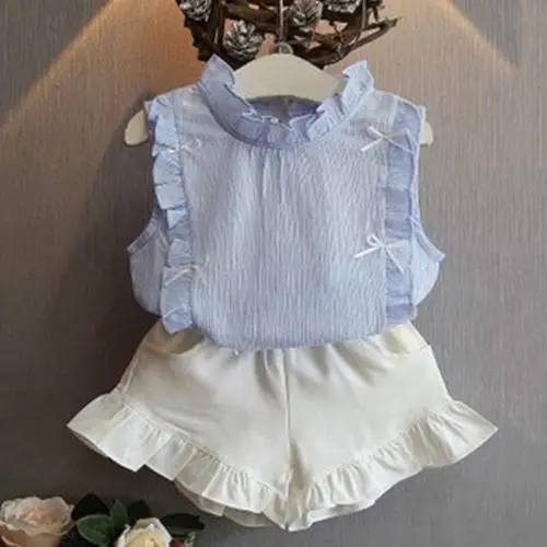 2 шт. детский топ без рукавов с оборками и шортами|Комплекты одежды для девочек| |