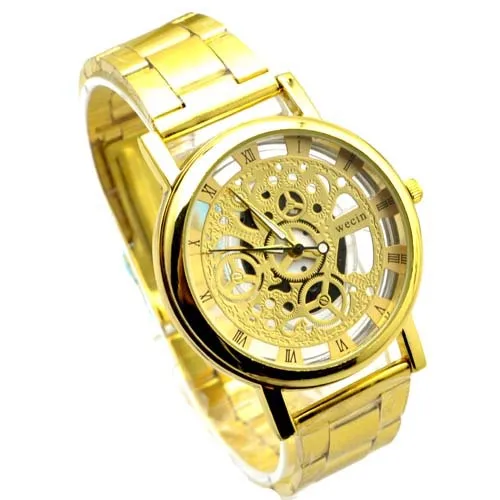 

2015 Top quality skeleton two-sided hollow Gold fashion quartz watch men luxury male business Full stainless steel WristWatches