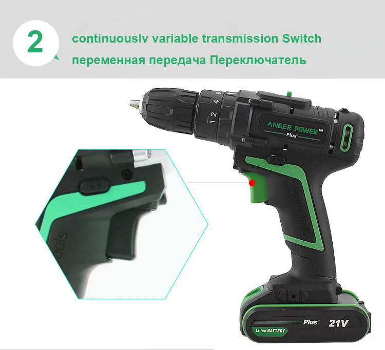 21V Double Speed Impact Drill Electric Hammer Drill Battery Electric Cordless Drill Electric Screwdriver Home DIY Power Tools