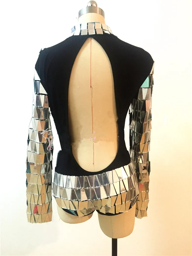 Sparkly Mirrors Bodysuit Female Dance Costume Silver Sequins Backless Bodysuits Sexy Nightclub DJ Singer Dancer Stage Outfit