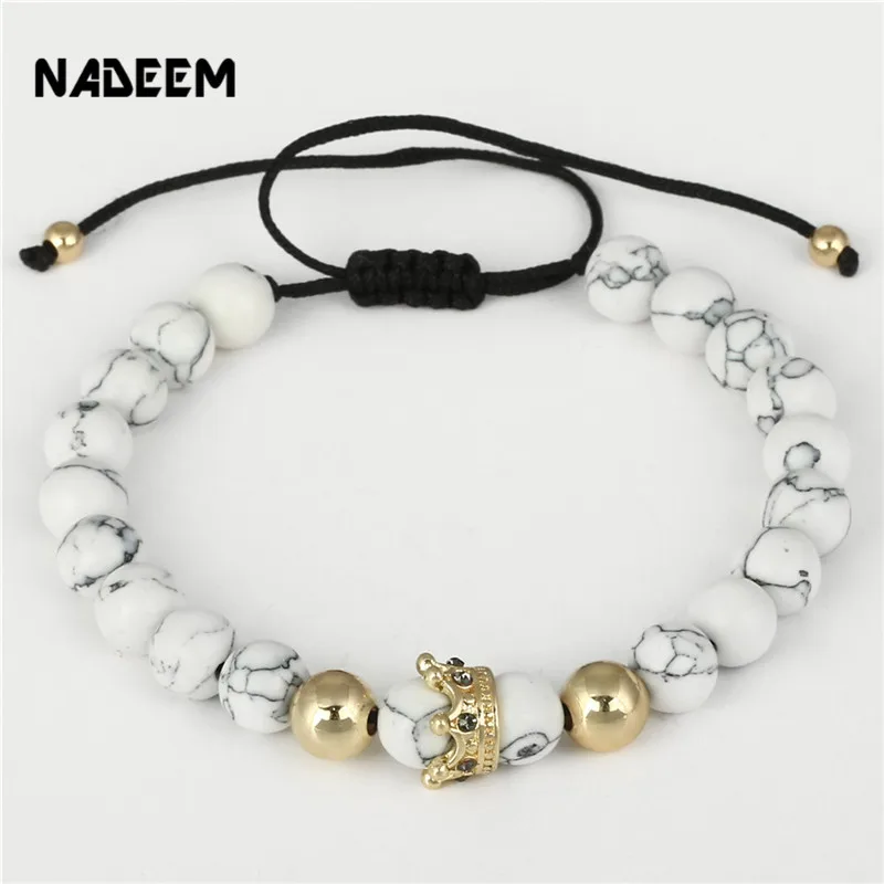 NADEEM Белый Howlite камень бусина золотой цвет микро CZ Кристалл браслет с шармом