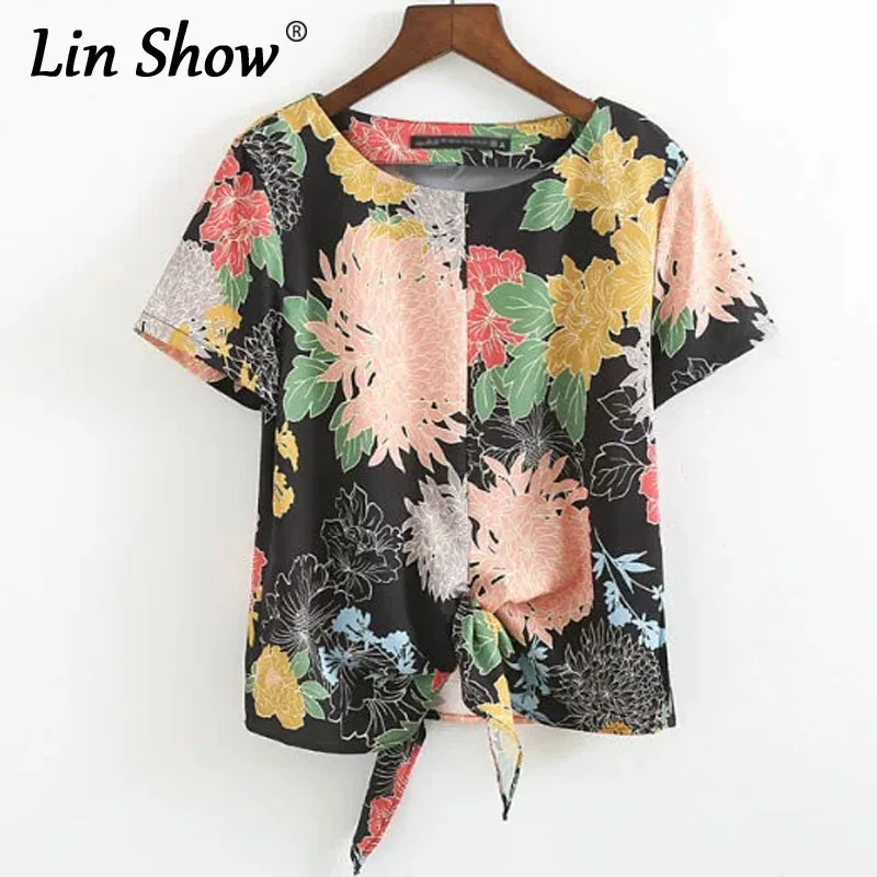 Linshow цветочный с цветочным принтом Футболка Для женщин короткий рукав