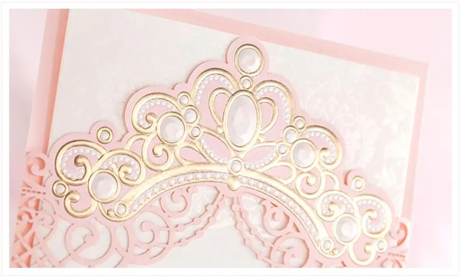 Pink Laser Cut Bronzing Crown Wedding Party Invitation Cards Customized Marriage Engagement Invitations 100PCS Express Shipping | Дом и сад