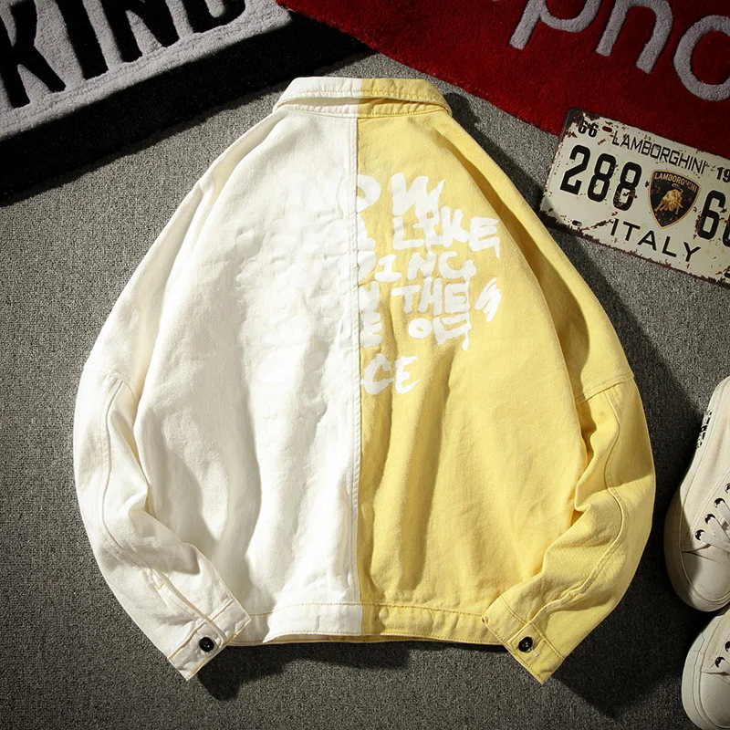 

High street brand Men Denim Jackets Coats Classic Four-color Red black yellow white Stitching Graffiti Letter Print Jacket