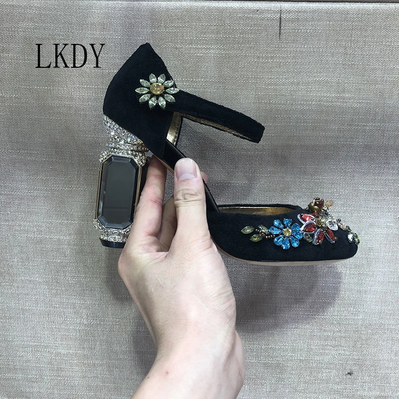 2019 LKDY бархатные Прошитые кожаные туфли на высоких каблуках с кристаллами и