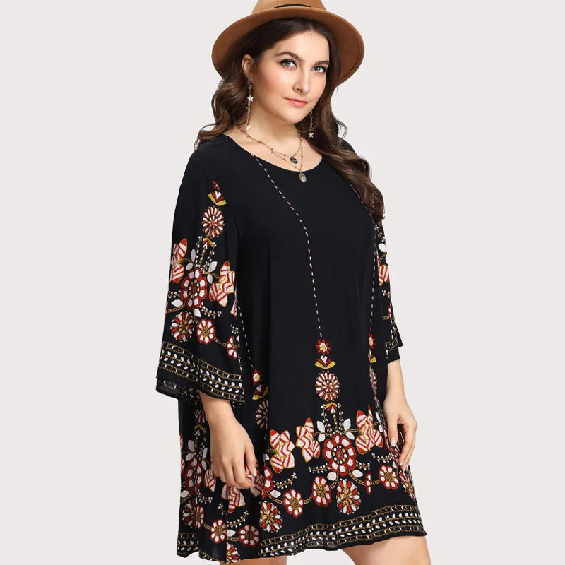 SHEIN Модное Платье С Цветочным Принтом Размера Плюс, Платье-Туника С Этническим Принтом И Длинным Рукавом